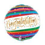 Round multicolor striped congratulations balloon with gold script text and star accents