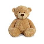 Light brown plush teddy bear sitting upright on a white background