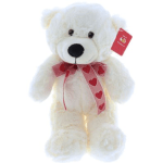 White teddy bear with a red heart ribbon and tag