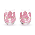 Pair of clear stemless glasses with pink floral patterns