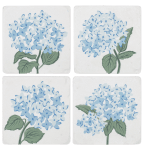 Four blue hydrangea illustrations on white squares