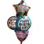 Cluster of colorful birthday balloons with "Happy Birthday" text