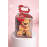 Teddy bear in a clear gift box with a red heart and rose-print top