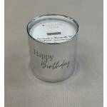 Silver glass Happy Birthday candle with white wax on a neutral surface