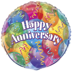 Round balloon with "Happy Anniversary" text and colorful confetti design