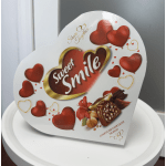 Heart-shaped chocolate truffle gift box with red heart graphics