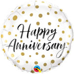 Round white balloon with gold polka dots and "Happy Anniversary" text