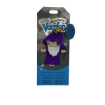 Small wizard voodoo doll keychain in a purple robe on a blue backing card