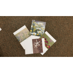 Assorted greeting cards with flower and nature photos on a carpet