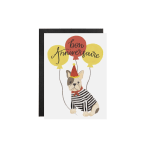 Anniversary card with a dog holding balloons