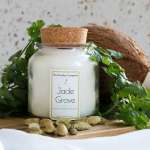 Scented candle in a glass jar with a cork lid and greenery around it