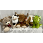 Five plush stuffed animals sit in a row on white fabric.