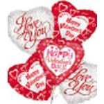 Heart-shaped balloons with Valentine messages in red and white