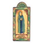 Rectangular painted religious plaque depicting a robed woman with halo and decorative border.