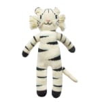 Knitted stuffed tiger toy with striped body and yarn mane