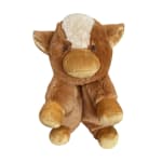 Plush cow toy with brown and white fur