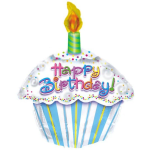 Birthday cupcake-shaped balloon with colorful "Happy Birthday" text