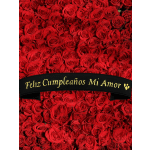 Dense arrangement of red roses with a black ribbon reading Feliz Cumpleaños Mi Amor.