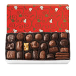 Box of assorted chocolates in a red heart-patterned gift box