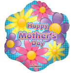 Mother's Day foil balloon with colorful flowers and Happy Mother's Day text on a blue background