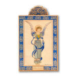 Wooden wall plaque with an illustrated Angel of Peace holding a globe