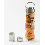 Glass water bottle with floral print and metal tea infuser