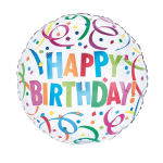 Round birthday balloon with colorful confetti and "HAPPY BIRTHDAY" text