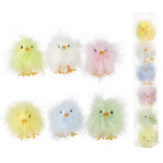 Fluffy pastel chick figurines in a clear box