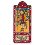 Colorful folk art wooden plaque of an archangel with wings, staff, and fish, labeled San Rafael Arcángel
