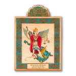 Colorful wooden wall plaque depicting Archangel Michael standing over a dragon within an ornate teal border.