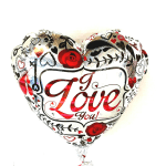Heart-shaped silver balloon with red 'I Love You' text and rose and heart designs