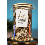 Jar of hand-crafted toffee with a twine-tied label