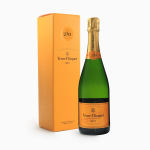Bottle of Veuve Clicquot champagne with orange gift box