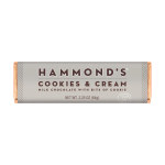 Wrapped chocolate bar labeled Hammonds Cookies & Cream