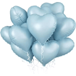 Cluster of light blue heart-shaped balloons with curling ribbons