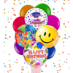 Cluster of colorful birthday balloons with confetti patterns and smiley face designs