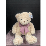 Cream teddy bear with a pink checkered bow