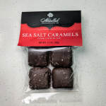 Package of dark chocolate sea salt caramels in clear plastic