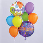 Cluster of colorful congratulatory balloons with two printed foil balloons