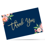 Navy thank-you card with pink floral corners