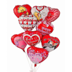 Cluster of heart-shaped Valentine balloons with teddy bear and penguin designs