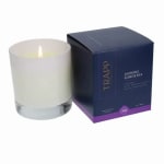 White scented candle beside a navy and purple box
