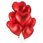 Cluster of red heart-shaped balloons on white background