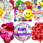 Collage of colorful foil balloons with messages like Get Well Soon, Happy Birthday, and Love You.