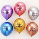 Six metallic balloons printed with Happy Birthday text