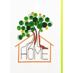 Quilled tree artwork above the word HOME inside an orange house outline