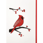 Quilled red cardinal on black branches with small red blossoms