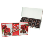 Box of assorted chocolates with red rose graphics