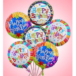 Cluster of colorful birthday balloons against a pink background