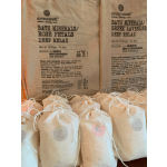 Drawstring bath mineral sachets labeled rose petals and Greek lavender